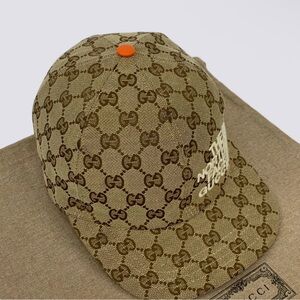 Gucci Beige and Brown Monogram Cap with Orange Detail